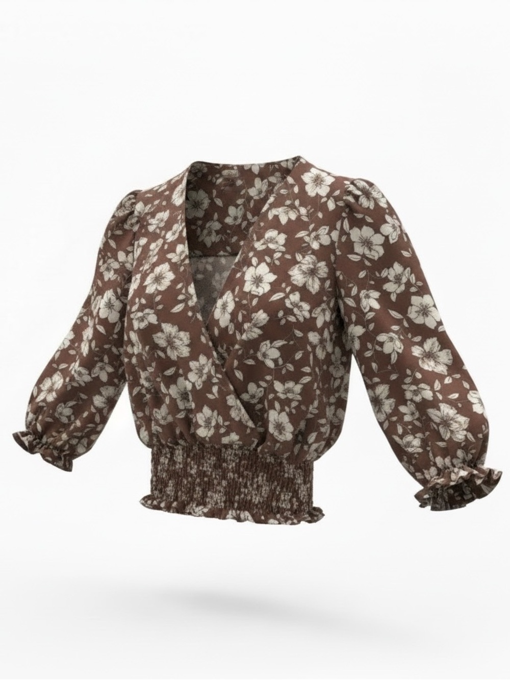 Brown Floral Wrap Blouse with Smocked Waist